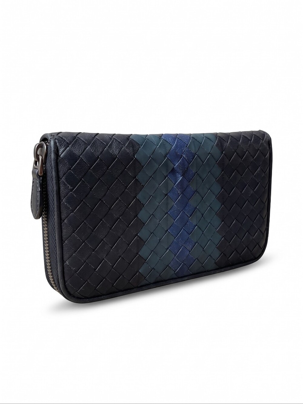Bottega Veneta Black, Navy, And Emerald Leather Zip Wallet with Basket Weave